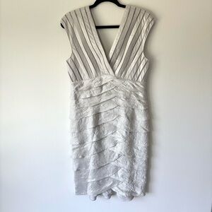 Adrianna Papell Silver Gray Tiered Ruffle Layered Cocktail Sheath Dress Formal